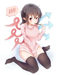 Rule 34 | 1girl, alternate costume, asymmetrical wings, black hair, black thighhighs, blush, breasts, food, highres, houjuu nue, igayan, looking at viewer, pocky, pointy ears, red eyes, ribbed sweater, short hair, sitting, solo, spoken blush, sweater, thighhighs, touhou, wariza, wings, zettai ryouiki