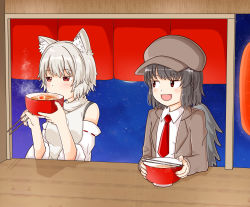 Rule 34 | 2girls, :d, animal ear fluff, animal ears, bare shoulders, bird wings, black hair, blouse, blush, bowl, breasts, brown headwear, brown jacket, chopsticks, commentary request, curtains, detached sleeves, drinking, food, half-closed eyes, hat, highres, holding, holding bowl, holding chopsticks, inubashiri momiji, jacket, jitome, lantern, large breasts, looking ahead, looking at another, multiple girls, necktie, night, night sky, no headwear, open mouth, red eyes, red neckwear, rozugadena, shameimaru aya, shameimaru aya (newsboy), shirt, short hair, silver hair, sky, small breasts, smile, soup, star (sky), touhou, white shirt, wings, wolf ears