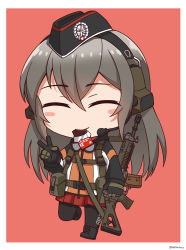 Rule 34 | 1girl, ^ ^, absurdres, assault rifle, black footwear, black gloves, black hat, black pantyhose, blush stickers, boots, brown background, candy, chibi, chocolate, chocolate bar, closed eyes, cross-laced footwear, ear protection, facing viewer, food, food in mouth, full body, garrison cap, girls&#039; frontline, gloves, goggles, goggles around neck, grey hair, gun, hair between eyes, hand up, hat, highres, holding, holding gun, holding weapon, jacket, lace-up boots, long hair, long sleeves, mouth hold, name connection, ndtwofives, object namesake, pantyhose, pleated skirt, red skirt, rifle, sig 500 (girls&#039; frontline) (ndtwofives), sig 550 (girls&#039; frontline) (ndtwofives), sig sg550, simple background, skirt, solo, standing, v, very long hair, weapon