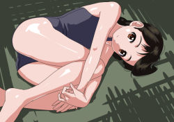 Rule 34 | 1girl, bad id, bad pixiv id, black hair, blue one-piece swimsuit, blue school swimsuit, braid, brown eyes, dot nose, fetal position, foot out of frame, from above, green background, legs, long hair, looking at viewer, looking up, lying, on side, one-piece swimsuit, original, rohitsuka, school swimsuit, simple background, smile, solo, swimsuit, twin braids, twintails
