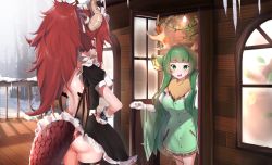 Rule 34 | 2girls, antlers, ass, backless dress, backless outfit, blush, dragon girl, dragon horns, dragon tail, dragon wings, dress, green eyes, green hair, hands on own hips, haruka karibu, highres, horns, icicle, indie virtual youtuber, maid, maid headdress, multiple girls, open door, outdoors, ponytail, pralius, red hair, reindeer antlers, reindeer girl, snow, tail, virtual youtuber, vshojo, wings, zentreya (dragon), zentreya