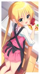 Rule 34 | 1girl, absurdres, chair, commentary request, commission, dress, food, from behind, green eyes, hayate no gotoku!, highres, ketchup, kneeling, long hair, looking at viewer, looking back, low twintails, nasunegiuni, omelet, omurice, pink dress, sanzen&#039;in nagi, shirt, skeb commission, solo, translation request, twintails, white shirt