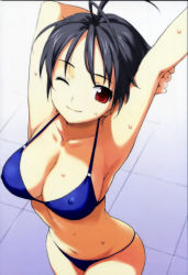 Rule 34 | 1girl, antenna hair, artist request, bikini, black hair, breasts, cleavage, covered erect nipples, foreshortening, highres, image sample, large breasts, morisawa haruyuki, navel, one eye closed, red eyes, smile, solo, stretching, string bikini, swimsuit, third-party edit, wet, wink