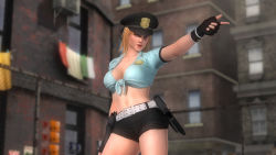 Rule 34 | 1girl, 3d, badge, belt, blonde hair, blue eyes, breasts, dead or alive, dead or alive 5, female focus, gloves, gun, hat, holster, large breasts, navel, official art, outdoors, short shorts, shorts, solo, tina armstrong, weapon