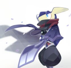 Rule 34 | 1boy, black pants, blue cape, blue eyes, blue flower, blue skin, cape, clothed pokemon, colored skin, covered mouth, creatures (company), crossed arms, falling petals, fins, flower, frog boy, furry, furry male, game freak, gen 6 pokemon, greninja, half-closed eyes, head fins, highres, kiki (431642), looking to the side, male focus, multicolored skin, muneate, ninja, nintendo, outline, pants, petals, pokemon, pokemon (creature), puffy pants, purple flower, red scarf, scarf, simple background, solo, two-tone skin, white background, white outline, yellow skin