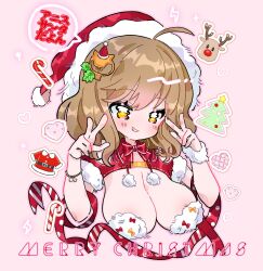 Rule 34 | 1girl, ahoge, alternate costume, anis (nikke), blush, breasts, brown hair, double v, goddess of victory: nikke, grin, hat, highres, large breasts, merry christmas, santa costume, santa hat, short hair, smile, solo, uniofthedead, v, yellow eyes