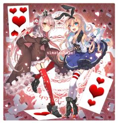 Rule 34 | 10s, 2girls, :d, adapted costume, amatsukaze (kancolle), anchor hair ornament, bad id, bad pixiv id, bare shoulders, blonde hair, blue eyes, brown dress, brown eyes, card, crown, detached sleeves, dress, elbow gloves, frilled skirt, frills, gloves, hair ornament, hearts (playing card), highres, kantai collection, long hair, looking at viewer, multiple girls, open mouth, playing card, puffy short sleeves, puffy sleeves, red legwear, shimakaze (kancolle), short sleeves, silver hair, skirt, sleeves past wrists, smile, thighhighs, two side up, very long sleeves, white gloves, white legwear, yakusuke