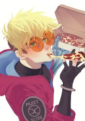Rule 34 | 1boy, absurdres, blonde hair, coat, eating, food, green eyes, highres, inictlo, male focus, pizza, prosthesis, prosthetic arm, red coat, simple background, solo, sunglasses, trigun, trigun stampede, vash the stampede, white background