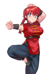 Rule 34 | 1girl, absurdres, belt, blue eyes, bracer, braid, braided ponytail, breasts, chinese clothes, clenched hands, fighting stance, flats, genderswap, genderswap (mtf), ghgnvm, highres, kung fu, long braid, medium breasts, pants, ranma-chan, ranma 1/2, red hair, saotome ranma, single braid, solo, standing, standing on one leg, tangzhuang, white background