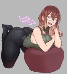 Rule 34 | 1girl, agawa ryou, all fours, arm support, artist name, ass, bare shoulders, black footwear, black pants, braid, breasts, brown eyes, brown hair, commentary, dated, english commentary, fang, feet up, full body, glasses, green shirt, hair between eyes, head rest, high heels, kneeling, large breasts, one eye closed, open mouth, original, pants, round teeth, shirt, sidelocks, signature, skinny jeans, sleeveless, sleeveless turtleneck, smile, solo, teeth, tongue, turtleneck, twin braids