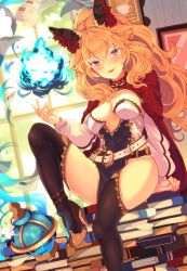 Rule 34 | 1girl, animal ear fluff, animal ears, arm support, belt, black thighhighs, blonde hair, blurry, blurry background, blush, book, boots, breasts, breasts apart, brown footwear, buckle, cloak, day, detached sleeves, dress, fang, fire, fox ears, fox tail, head tilt, high heels, highres, indoors, knee up, long hair, long sleeves, looking at viewer, magic, medium breasts, messy hair, mizuyoukan (mikususannda), multiple belts, open mouth, original, pelvic curtain, purple eyes, red cloak, sidelocks, sitting, skin fang, slit pupils, smile, solo, strapless, strapless dress, sunlight, tail, thigh boots, thighhighs, very long hair, wind