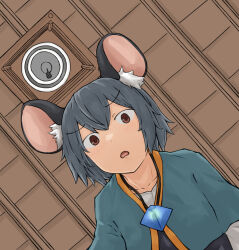 Rule 34 | 1girl, animal ear fluff, animal ears, blue capelet, brown eyes, capelet, ceiling, ceiling light, chagamaka, commentary, crystal, from below, frown, grey hair, jewelry, mouse ears, mouse girl, nazrin, necklace, open mouth, pendant, pov, solo, touhou, upper body