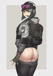 Rule 34 | 1girl, ass, backpack, bag, blush, bottomless, breasts, camouflage, cinko, clothes pull, commentary, commission, ela (rainbow six siege), flashing, from behind, gloves, green eyes, green hair, hat, headphones, headset, highres, large breasts, legs, long sleeves, looking at viewer, no panties, pants, pants pull, pantyhose, rainbow six siege, short hair, simple background, smile, smirk, solo, standing, ubisoft, undressing, uniform
