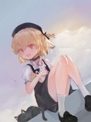 Rule 34 | 1girl, :d, animal, animal hug, bad id, bad pixiv id, beret, bird, black choker, black dress, black footwear, black hat, blonde hair, cat, choker, cloud, collared shirt, commentary request, copyright request, day, dokomon, dress, dress shirt, dutch angle, fang, hair between eyes, hat, highres, kitten, knees up, korean commentary, looking away, looking to the side, one side up, open mouth, outdoors, puffy short sleeves, puffy sleeves, red eyes, shirt, shoes, short sleeves, sitting, sleeveless, sleeveless dress, smile, socks, solo, white shirt, white socks
