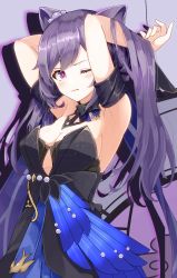 Rule 34 | 1girl, armpits, arms up, bare shoulders, black dress, breasts, cleavage, closed mouth, commentary request, dress, excella (delltothu), genshin impact, highres, keqing (genshin impact), keqing (opulent splendor) (genshin impact), long hair, looking at viewer, medium breasts, one eye closed, purple background, purple eyes, purple hair, purple outline, solo, strapless, strapless dress, twintails, very long hair