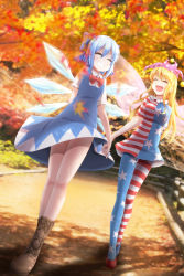 Rule 34 | 2girls, :d, ^ ^, american flag dress, american flag legwear, asymmetrical footwear, autumn leaves, blonde hair, blue hair, boots, bow, breasts, cirno, closed eyes, clownpiece, evandragon, closed eyes, fairy wings, grin, hair bow, hair ribbon, holding hands, hat, highres, ice, ice wings, jester cap, long hair, mismatched footwear, multiple girls, open mouth, pantyhose, ribbon, shoes, short hair, smile, touhou, wings