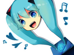 Rule 34 | 1girl, aqua eyes, aqua hair, bad id, bad pixiv id, female focus, from above, happy, hatsune miku, heart, itamidome, itamitome, legs, musical note, shiteyan&#039;yo, simple background, smile, solo, twintails, vocaloid, white background