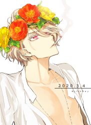 Rule 34 | 1boy, bare pectorals, bishounen, blonde hair, character request, cigarette, collarbone, collared shirt, commentary, commentary request, copyright request, dated, english commentary, flower, flower request, hair between eyes, head wreath, hinohara meguru, jewelry, looking ahead, looking up, male focus, open clothes, open shirt, orange flower, pectorals, pendant, pink eyes, shirt, short hair, short sleeves, simple background, smoke, smoking, solo, upper body, white background, white shirt, yellow flower
