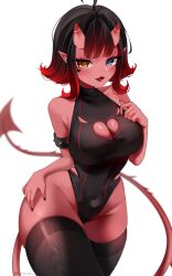 Rule 34 | 1girl, ahoge, black hair, black thighhighs, blue eyes, blush, breasts, cleavage, cleavage cutout, clothing cutout, colored skin, demon girl, demon horns, demon tail, facial mark, fang, gradient hair, heterochromia, high ponytail, highres, hiroside, horns, large breasts, looking at viewer, love dive online, medium hair, multicolored hair, open mouth, pointy ears, red hair, red skin, rin (cutierin), skin fang, solo, tail, thighhighs, virtual youtuber, white background, yellow eyes