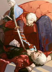 Rule 34 | 3boys, akumey, arm behind head, blood, blood on clothes, blood on face, bloody weapon, blue coat, book, boots, brothers, coat, couch, dante (devil may cry), devil may cry, devil may cry (series), devil may cry 4, father and son, feeding, food, gloves, highres, katana, lens flare, lying, male focus, medium hair, multiple boys, nero (devil may cry), open mouth, popcorn, reading, red coat, siblings, sitting, smile, spiked hair, stab, sword, vergil (devil may cry), weapon, white hair