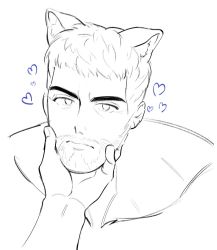 Rule 34 | 1boy, animal ears, bara, beard, brown hair, cat ears, chris redfield, closed mouth, collarbone, facial hair, greyscale, hand on another&#039;s chin, hirusuhi, male focus, mature male, monochrome, muscular, muscular male, nude, resident evil, short hair, sideburns, sketch, solo, stubble
