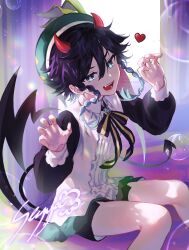 Rule 34 | 1boy, absurdres, artist name, beret, bishounen, black hair, blue hair, braid, commentary, demon boy, demon horns, genshin impact, gradient hair, green hat, hat, heart, highres, horns, ice s s z, long sleeves, looking at viewer, male focus, multicolored hair, open mouth, short hair with long locks, sitting, smile, solo, symbol-only commentary, tail, teeth, twin braids, venti (genshin impact), venti (halloween) (genshin impact)