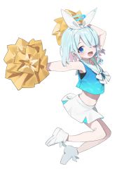 Rule 34 | 1girl, absurdres, arm up, armpits, arona (blue archive), blue archive, blue eyes, blue hair, blue shirt, blush, braid, cheerleader, choker, cottone (highjethoo), crop top, hair over one eye, hairband, halo, highres, holding, holding pom poms, looking at viewer, midriff, miniskirt, multicolored hair, navel, open mouth, pink hair, pom pom (cheerleading), pom poms, sailor collar, shirt, shoes, short hair, skirt, sleeveless, smile, sneakers, solo, two-tone hair, white choker, white hairband, white sailor collar, white skirt