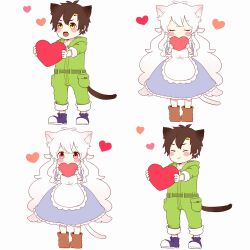 Rule 34 | 1boy, 1girl, aged down, animal ears, apron, belt, black hair, blue dress, blue footwear, blush stickers, boots, brown footwear, cat boy, cat ears, cat girl, cat tail, closed eyes, closed mouth, commentary request, covering own mouth, double-parted bangs, dress, dual persona, facing viewer, frilled apron, frilled dress, frills, full body, green belt, green jumpsuit, green pants, hair ornament, hairclip, heart, highres, holding, holding heart, hood, hood down, hooded jumpsuit, jumpsuit, kagerou project, kemonomimi mode, kozakura marry, long hair, looking ahead, looking at viewer, mekakucity actors, multiple boys, multiple girls, open mouth, pants, pants rolled up, partial commentary, pink eyes, pocket, sakusakusakuran, seto kousuke, shoes, short hair, simple background, sleeves past elbows, sleeves rolled up, standing, tail, tareme, teeth, two-tone footwear, upper teeth only, very long hair, wavy hair, white apron, white background, white footwear, white hair