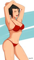 Rule 34 | 1girl, armpits, artist name, avatar: the last airbender, avatar legends, azula, bikini, black hair, breasts, cleavage, highres, itoyasu3401, lipstick, looking at viewer, makeup, medium breasts, orange eyes, red bikini, short hair, simple background, solo, standing, stomach, sweat, swimsuit, thighs, white background