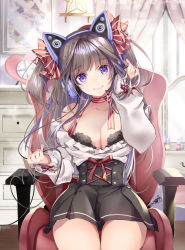 Rule 34 | 1girl, akatsuki hijiri, animal ear headphones, animal ears, bare shoulders, black hair, black skirt, breasts, chair, chest of drawers, cleavage, closed mouth, collarbone, commentary request, curtains, fake animal ears, hand up, head tilt, headphones, highres, indoors, long hair, long sleeves, medium breasts, off shoulder, office chair, on chair, original, pleated skirt, puffy long sleeves, puffy sleeves, purple eyes, red ribbon, ribbon, shirt, signature, sitting, skirt, sleeves past wrists, smile, solo, striped ribbon, swivel chair, two side up, very long hair, white shirt, window