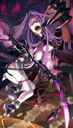 Rule 34 | 2girls, absurdres, armor, ass, battle, black capelet, black cloak, black footwear, black leotard, boots, braid, breastplate, breasts, capelet, chain, claws, cleavage, cloak, detached sleeves, fang, fate/grand order, fate (series), giant, giantess, glowing, glowing eyes, gorgon (fate), hair intakes, highres, jumping, legs, leotard, long braid, long hair, medusa (fate), medusa (lancer) (fate), medusa (rider) (fate), monster girl, multiple girls, navel, open mouth, ponytail, purple hair, red eyes, rider, sakura tecco, scythe, snake, standing, standing on one leg, thigh strap, thighhighs, thighs, very long hair, weapon, white legwear