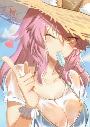 Rule 34 | 1girl, animal ears, bikini, blue bikini, blush, breasts, cleavage, collarbone, day, ears through headwear, fate/grand order, fate (series), food, food in mouth, fox ears, hat, heart, highres, ice, large breasts, long hair, looking at viewer, one eye closed, outdoors, pink hair, see-through, shirt, solo, swimsuit, tamamo (fate), tamamo no mae (fate/extra), tamamo no mae (swimsuit lancer) (fate), tamamo no mae (swimsuit lancer) (second ascension) (fate), wet, wet clothes, wet shirt, yellow eyes