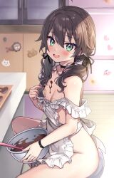 Rule 34 | 1girl, absurdres, ahoge, apron, aqua eyes, ayaoshiro, bandaid, bandaids on nipples, braid, breasts, brown hair, chocolate, chocolate on body, chocolate on breasts, choker, earrings, ebi frion (natsuiro matsuri), food, food on body, french braid, highres, hololive, jewelry, looking at viewer, low twintails, matsurisu, medium hair, naked apron, natsuiro matsuri, no bra, no panties, open mouth, pasties, sitting, small breasts, smile, solo, twintails, underwear, virtual youtuber