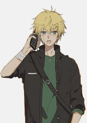 Rule 34 | 1boy, bad id, bad pixiv id, bandaged arm, bandages, bandaid, bandaid on face, blonde hair, blush, cellphone, earrings, eyes visible through hair, film grain, green eyes, grey background, hair between eyes, hair ornament, hairclip, holding, holding phone, jewelry, lococo:p, lower teeth only, male focus, necklace, open mouth, original, phone, simple background, sleeves rolled up, solo, stud earrings, talking on phone, teeth, tongue, x hair ornament