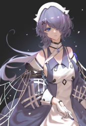 Rule 34 | 1158029887, 1girl, absurdres, arknights, bare shoulders, dress, eyepatch, gloves, hair over one eye, highres, holding, injection, looking at viewer, purple dress, purple eyes, purple hair, whisperain (arknights), white gloves