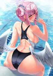 Rule 34 | 1girl, angel wings, ass, black one-piece swimsuit, blue archive, blush, breasts, closed mouth, double bun, feathered wings, hair bun, halo, highres, kawai (purplrpouni), large breasts, mika (blue archive), one-piece swimsuit, pink hair, pink halo, pool, short hair, sitting, smile, solo, swimsuit, tongue, tongue out, water, white wings, wings, yellow eyes