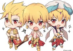 Rule 34 | 3boys, armor, bad id, bad twitter id, blonde hair, blush, chibi, ea (fate/stay night), earrings, fate/grand order, fate/hollow ataraxia, fate/prototype, fate (series), gilgamesh, gilgamesh (caster) (fate), gilgamesh (fate), gilgamesh (fate/prototype), greaves, hat, jewelry, male focus, midriff, multiple boys, multiple persona, necklace, red eyes, tattoo, topless male, uuruung, vest