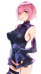 Rule 34 | 1girl, armor, armored dress, bad id, bad twitter id, bare shoulders, breasts, cowboy shot, dress, fate/grand order, fate (series), gauntlets, hair over one eye, large breasts, looking at viewer, mash kyrielight, pink hair, pokan (xz1128), purple eyes, short dress, short hair, simple background, solo, white background