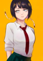 Rule 34 | 1girl, absurdres, arms behind back, audio jack, averting eyes, blue eyes, blunt bangs, bob cut, boku no hero academia, breasts, closed mouth, colored inner hair, constricted pupils, expressionless, eyelashes, green skirt, highres, hyakki non, jirou kyouka, long earlobes, looking to the side, medium breasts, multicolored hair, narrowed eyes, necktie, pink hair, pleated skirt, purple hair, purple necktie, red necktie, school uniform, shirt, short hair, skirt, solo, sparkle, standing, tie clip, two-tone hair, u.a. school uniform, upper body, white shirt, yellow background
