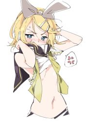 Rule 34 | 1girl, anger vein, black sailor collar, blonde hair, blouse, blue eyes, blush, breasts, embarrassed, hair ornament, hairband, half-closed eyes, ixy, kagamine rin, looking at viewer, navel, sailor collar, shirt, short hair, simple background, sleeveless, sleeveless shirt, small breasts, solo, spoken anger vein, underboob, undressing, v-shaped eyebrows, vocaloid, white background, white hairband