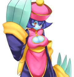 Rule 34 | 1girl, bad id, bad pixiv id, blue skin, blush stickers, breasts, chinese clothes, claws, cleavage, cleavage cutout, clothing cutout, colored skin, hat, jiangshi, large breasts, lei lei, mato spectoru, purple hair, qingdai guanmao, red eyes, short hair, smile, solo, vampire (game)