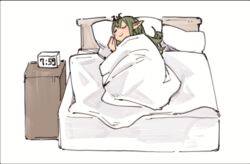 Rule 34 | 1girl, alarm clock, blanket, chibi, clock, closed eyes, closed mouth, commentary, english commentary, fire emblem, fire emblem awakening, green hair, hair ornament, long hair, lying, nintendo, on bed, pointy ears, sakuremi, sleeping, smile, solo, tiki (adult) (fire emblem), tiki (fire emblem), under covers, white background