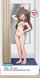 1girl ;d arm_behind_head arrow_(symbol) barefoot bikini blush breasts brown_eyes brown_hair cameltoe character_name collarbone commentary_request commission covered_erect_nipples creatures_(company) curtains dialogue_box english_text eyelashes fitting_room full_body game_freak green_bikini hair_flaps hand_on_own_hip hand_up heart highres indoors knees kohatsuka leaf_(pokemon) long_hair looking_at_viewer navel nintendo one_eye_closed open_mouth pixiv_commission pokemon pokemon_frlg ribs sidelocks smile solo spoken_heart standing swimsuit toes wooden_floor