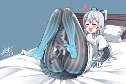 Rule 34 | 1girl, :d, ass, bad id, bad pixiv id, blue bow, blue stripes, blush, bow, breasts, cat, closed eyes, dated, dress, elbow gloves, frilled dress, frills, full body, girls&#039; frontline, gloves, grey cat, hair bow, headboard, heart, highres, indoors, juliet sleeves, knees up, kuro (tmdbin), legs, long hair, long sleeves, lying, medium breasts, no shoes, on back, on bed, open mouth, pantyhose, partially fingerless gloves, pillow, puffy sleeves, signature, silver hair, smile, solo, striped bow, striped clothes, striped gloves, striped pantyhose, thighs, tokarev (girls&#039; frontline), trapped, vertical-striped clothes, vertical-striped gloves, vertical-striped pantyhose, very long hair, white dress