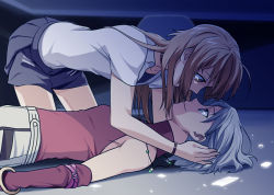 Rule 34 | 2girls, 428, bare shoulders, blonde hair, bracelet, brown eyes, canaan (character), canaan (series), chunsoft, eye contact, imminent kiss, jewelry, long hair, looking at another, lying, mori (unknown.), multiple girls, necklace, oosawa maria, short hair, sleeveless, sleeveless turtleneck, smile, tears, turtleneck, white hair, yuri
