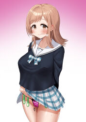Rule 34 | 1girl, absurdres, blush, body writing, breasts, brown eyes, brown hair, cameltoe, clothes lift, condom, gradient background, harigane mutsumi (harigane623), highres, idolmaster, idolmaster shiny colors, large breasts, lifting own clothes, long hair, looking at viewer, multiple condoms, panties, pink panties, sakuragi mano, skirt, skirt lift, smile, solo, stray pubic hair, underwear, used condom