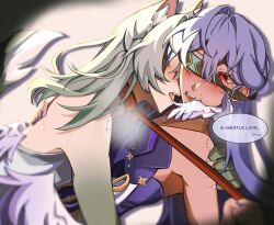 Rule 34 | 2girls, bite mark, bite mark on neck, bite mark on shoulder, blindfold, blush, chxrros, claws, collar, colored skin, commentary, dress, ear blush, english commentary, english text, fangs, firefly (honkai: star rail), freckles, gradient skin, green skin, grey hair, hand on another&#039;s back, head wings, highres, holding, holding leash, honkai: star rail, honkai (series), leash, long hair, multiple girls, open mouth, purple dress, purple hair, purple nails, red eyes, robin (honkai: star rail), scar, scar on arm, scar on back, speech bubble, sweat, wings, yuri