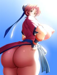 Rule 34 | 1girl, ass, blue background, blue ribbon, blush, breasts, breasts out, bun cover, chinese clothes, curvy, desuroguma, dragon quest, dragon quest dai no daibouken, fingerless gloves, from behind, from below, gloves, hair bun, hands on own hips, highres, huge ass, huge breasts, looking at viewer, looking back, looking down, maam, nipples, no pants, open mouth, pants, parted lips, pink eyes, pink hair, ribbon, shiny clothes, shiny skin, short hair, short sleeves, sideboob, single hair bun, solo, thick thighs, thighs, wide hips