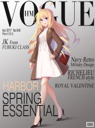 Rule 34 | 1girl, absurdres, ahoge, alternate costume, arnold-s, bad id, bad pixiv id, bag, barcode, bare legs, black footwear, blonde hair, blue eyes, brown coat, clenched hand, coat, cover, dress, drill hair, english text, fake cover, fashion, gradient background, grey background, hand on own hip, handbag, high heels, highres, long hair, long sleeves, looking at viewer, magazine cover, no legwear, open mouth, sash, shoes, smile, solo, walking, warship girls r, white dress, wichita (warship girls r)