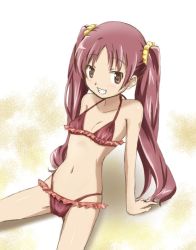Rule 34 | 1girl, alternate hairstyle, arm support, bare shoulders, bikini, blush, brown bikini, brown eyes, brown hair, collarbone, female focus, flat chest, frilled bikini, frills, grin, hair ornament, hair scrunchie, jewelry, kinfuji, long hair, long twintails, looking at viewer, mahou shoujo madoka magica, mahou shoujo madoka magica (anime), navel, ring, sakura kyoko, sand, scrunchie, sitting, skindentation, smile, solo, spread legs, swimsuit, teeth, twintails, very long hair